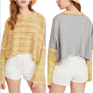 FREE PEOPLE CATALINA MIXED MEDIA LONG SLEEVE TOP SWEATSHIRT SMALL YELLOW GRAY